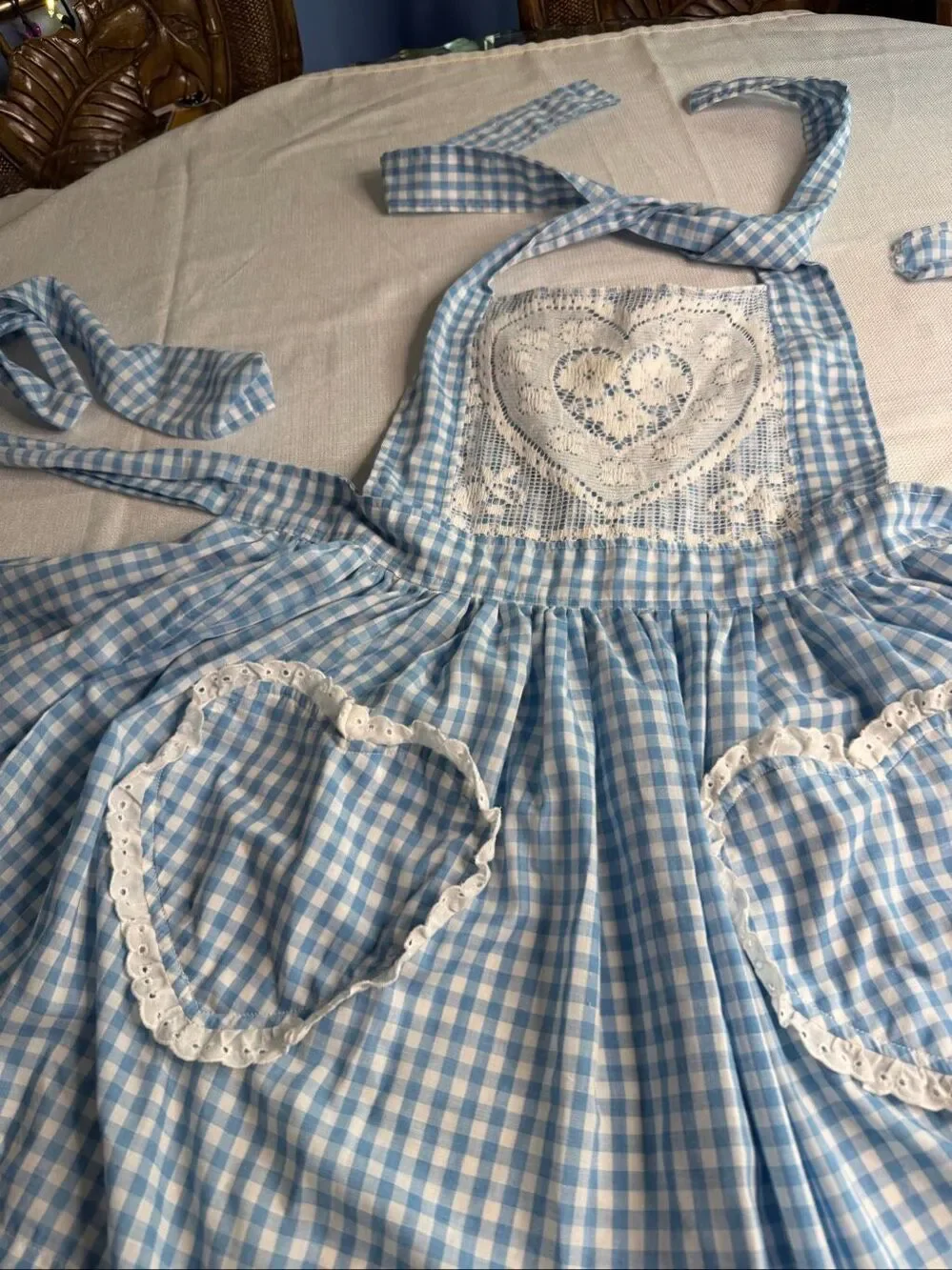 Vintage Blue Gingham Heart Pocket Lace Handmade Cottagecore Apron One Size